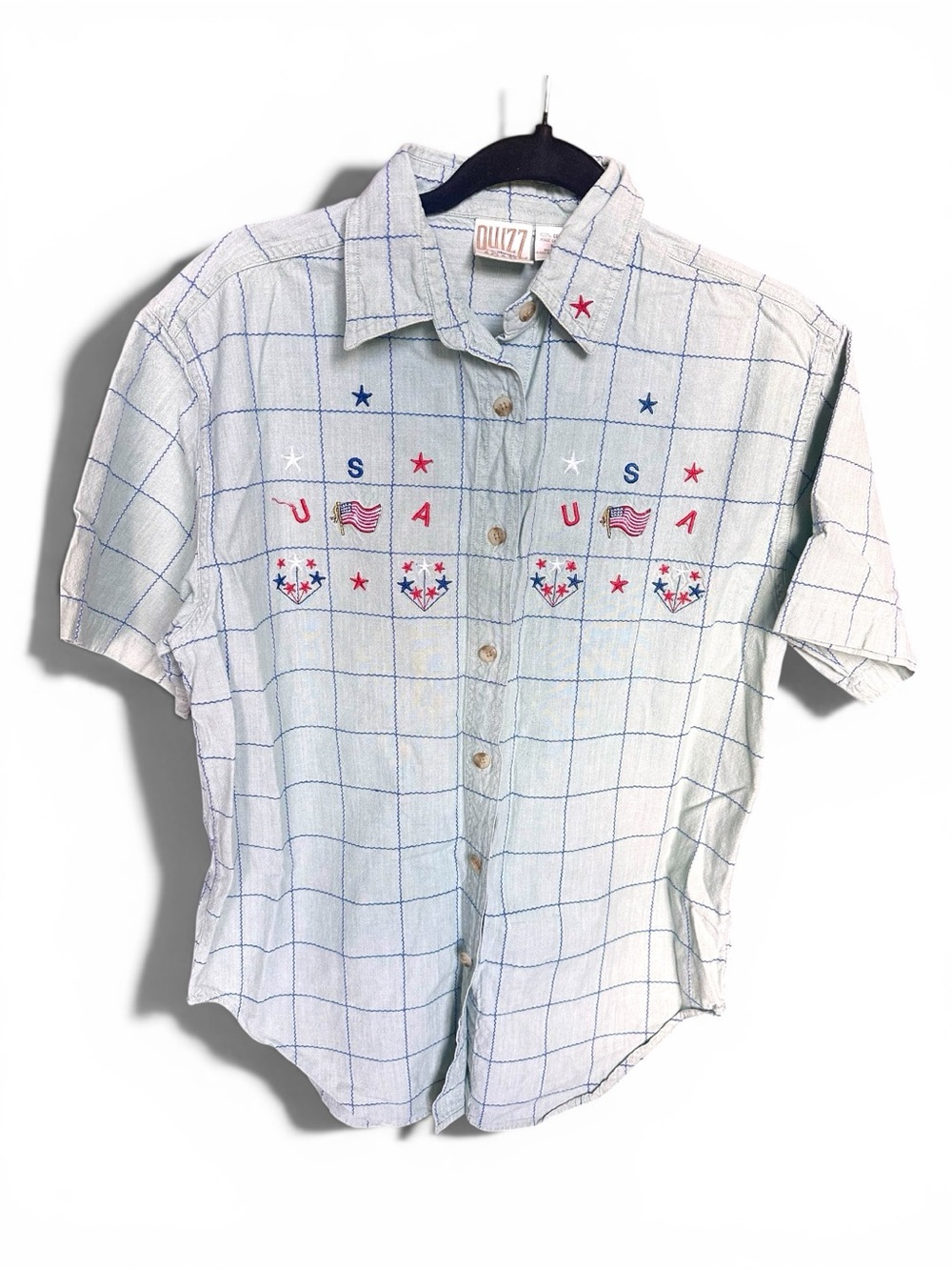 Button - up Checked Short Sleeve Shirt with Embroidery